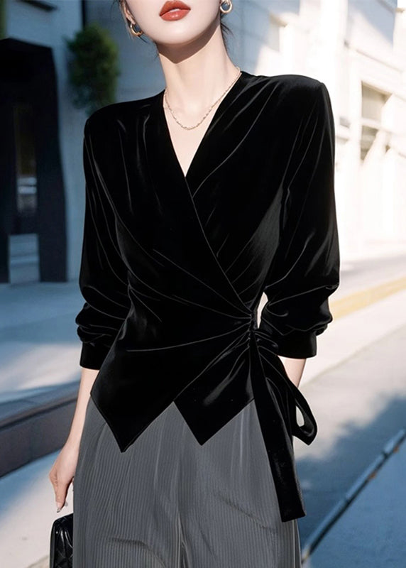 Élégante chemise noir en soie à col V pour femme printemps - EasyApparels