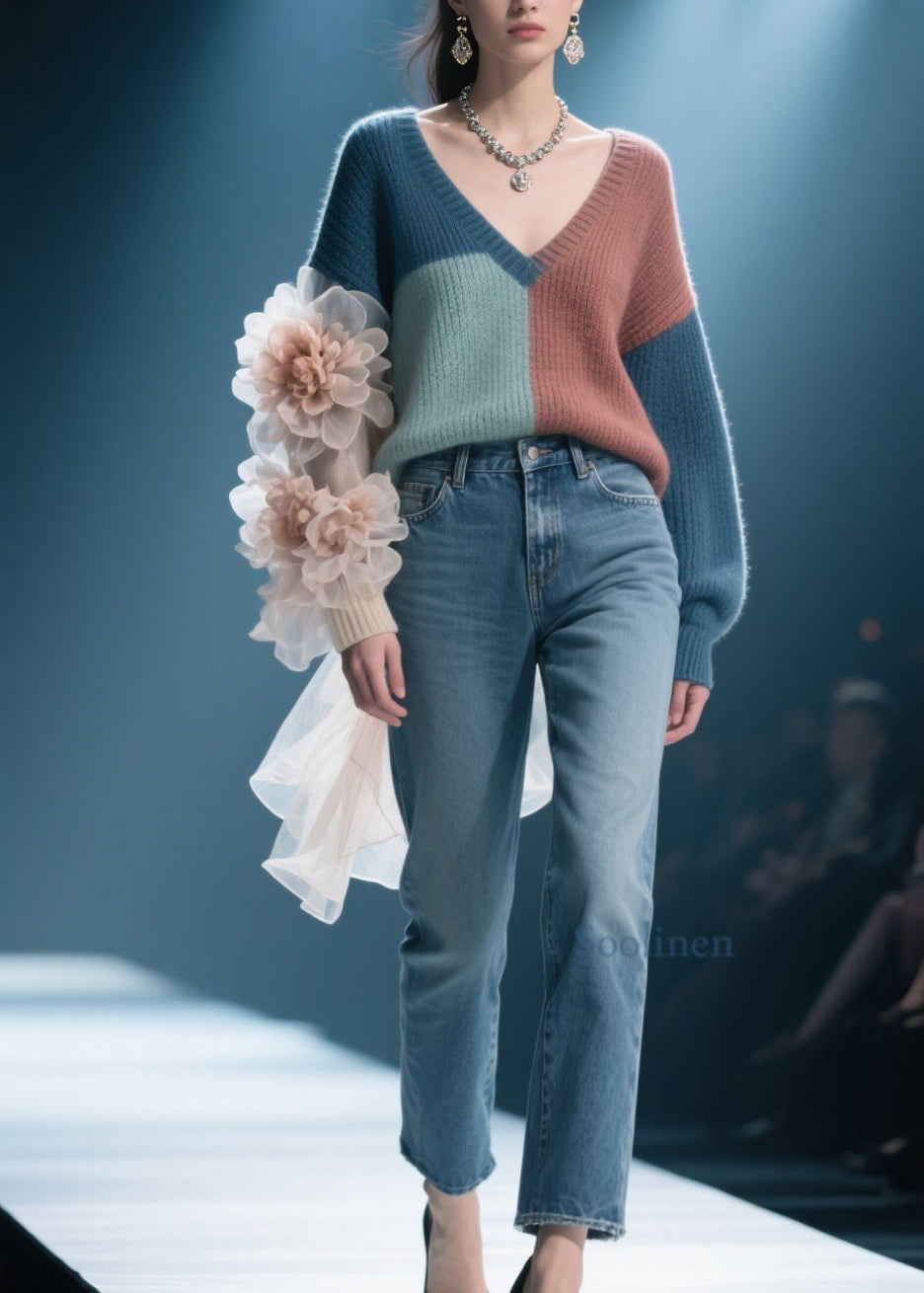 Pull en tricot doux à col en V et motifs colorés d'automne - EasyApparels