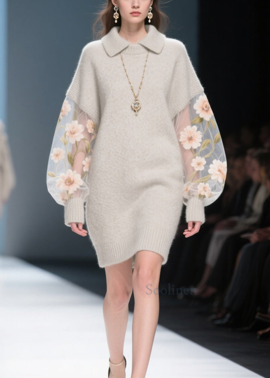 Robe en dentelle fleurie grise élégante hiver - EasyApparels