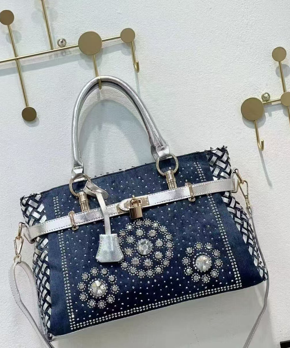 Sac à main denim navy chic avec strass, capacité large - EasyApparels