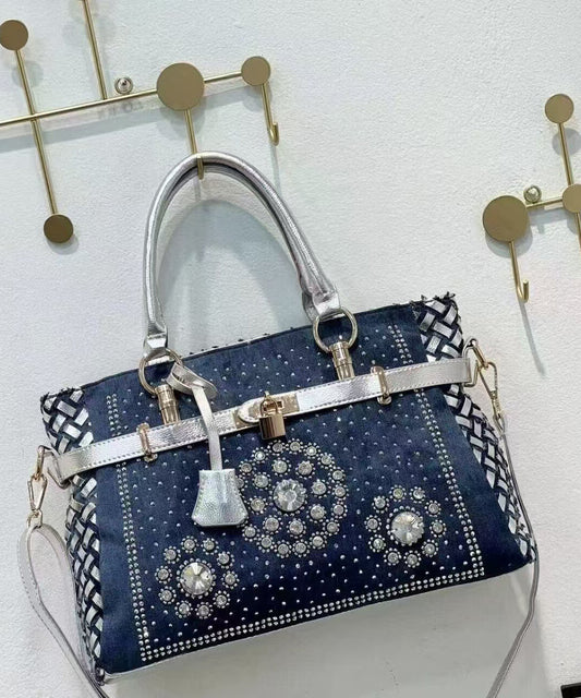 Sac à main denim navy chic avec strass, capacité large - EasyApparels