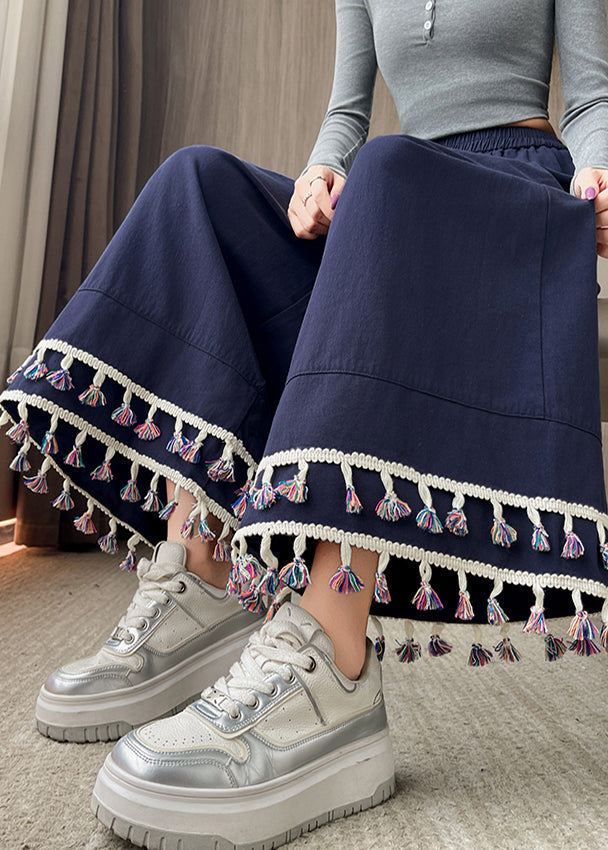 Wide Leg Blue Cotton Pants with Fringe, Autumn - EasyApparels