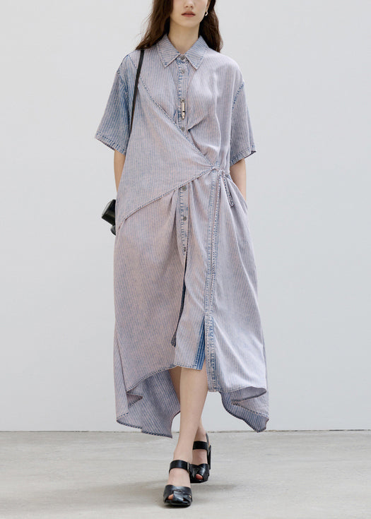 Denim Patchwork Dress with Lace Up Detail, Asymmetric Summer Style - EasyApparels