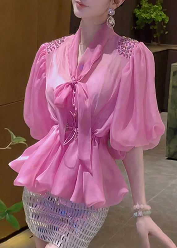 Robe élégante en tulle rose avec ruban et manches gonflées - EasyApparels