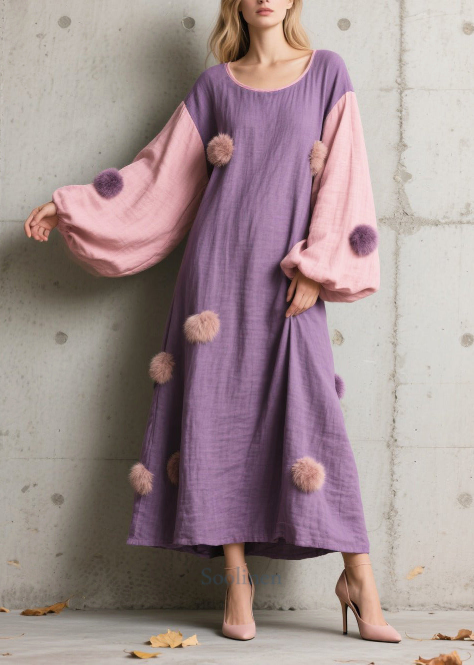 Robe longue violette élégante en patchwork à manches amples - EasyApparels