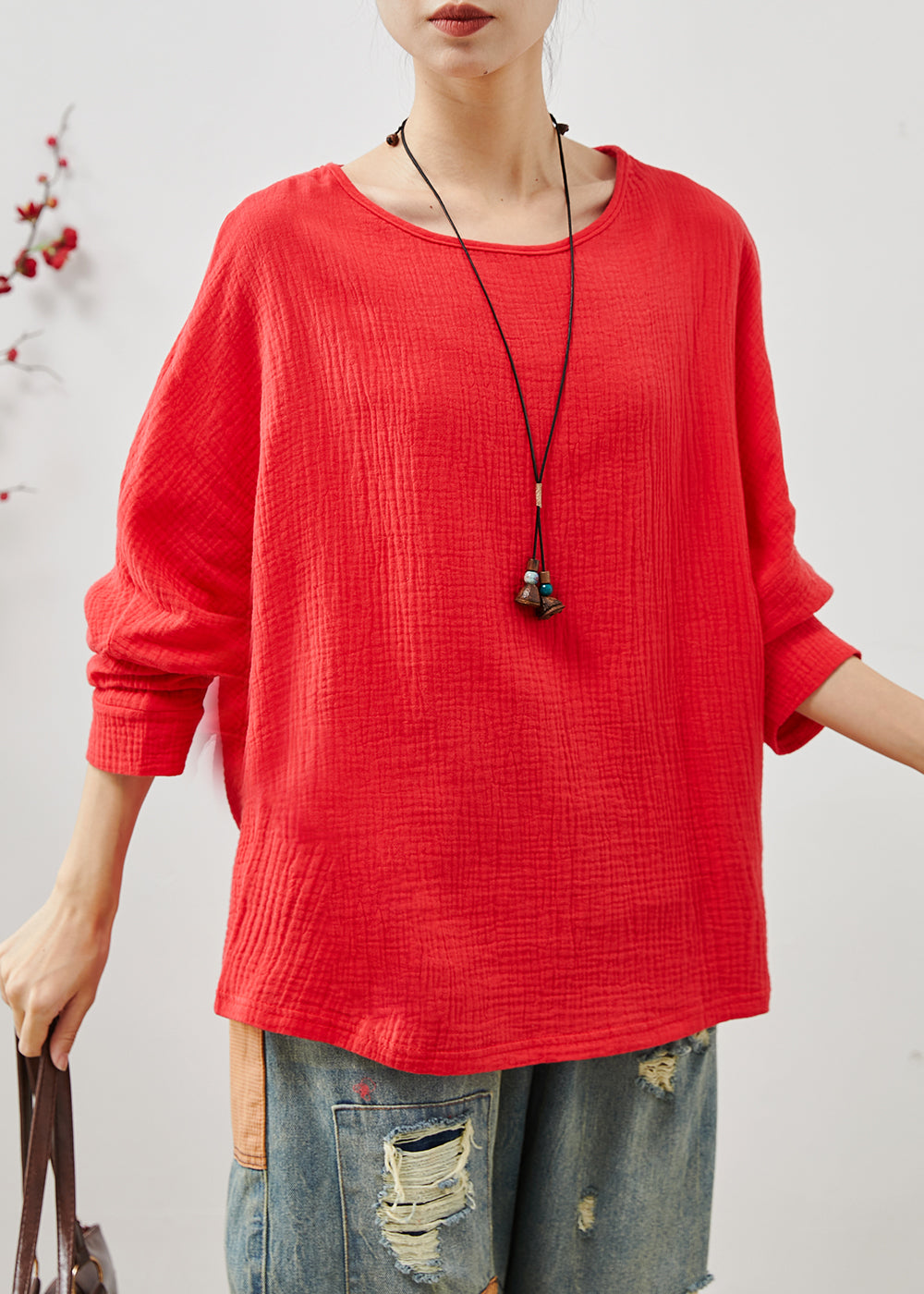 Large Red Cotton Casual Sweatshirt Top - EasyApparels