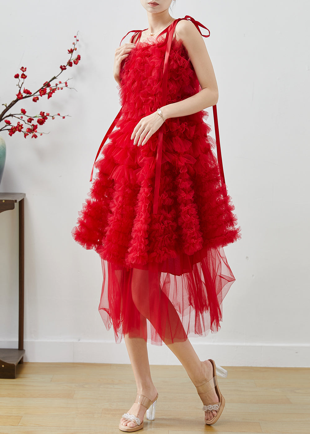 Robes légères en tulle avec volants rouges pour été - EasyApparels