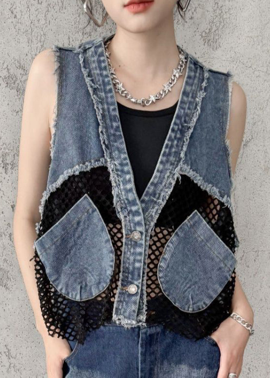 Vestes denim décontractées sans manches avec poches et col en V - EasyApparels