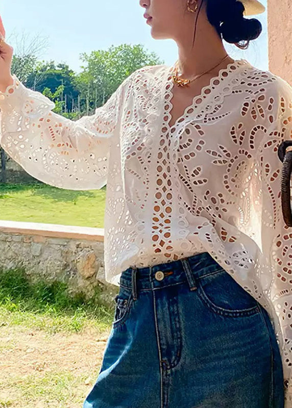Chemise blanche élégante décolleté V pour femme été - EasyApparels