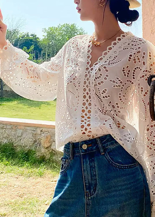 Chemise blanche élégante décolleté V pour femme été - EasyApparels