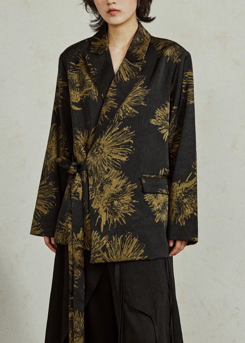Manteau noir à ceinture ajustable à imprimé floral d'automne - EasyApparels