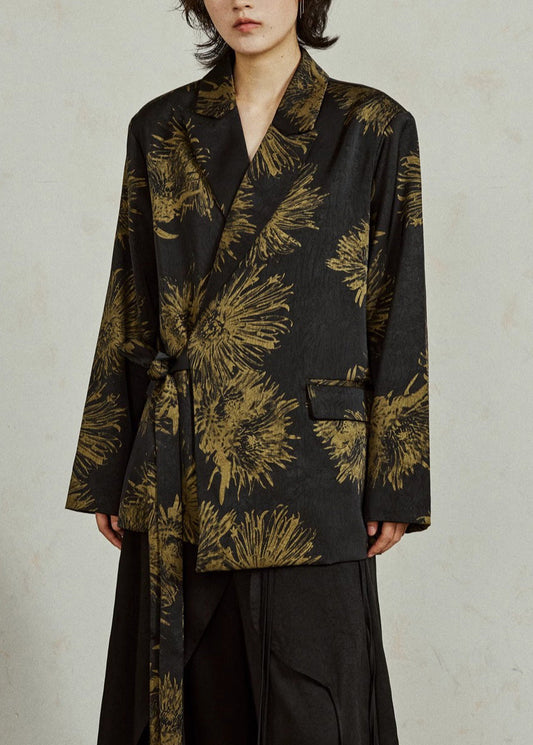 Manteau noir à ceinture ajustable à imprimé floral d'automne - EasyApparels