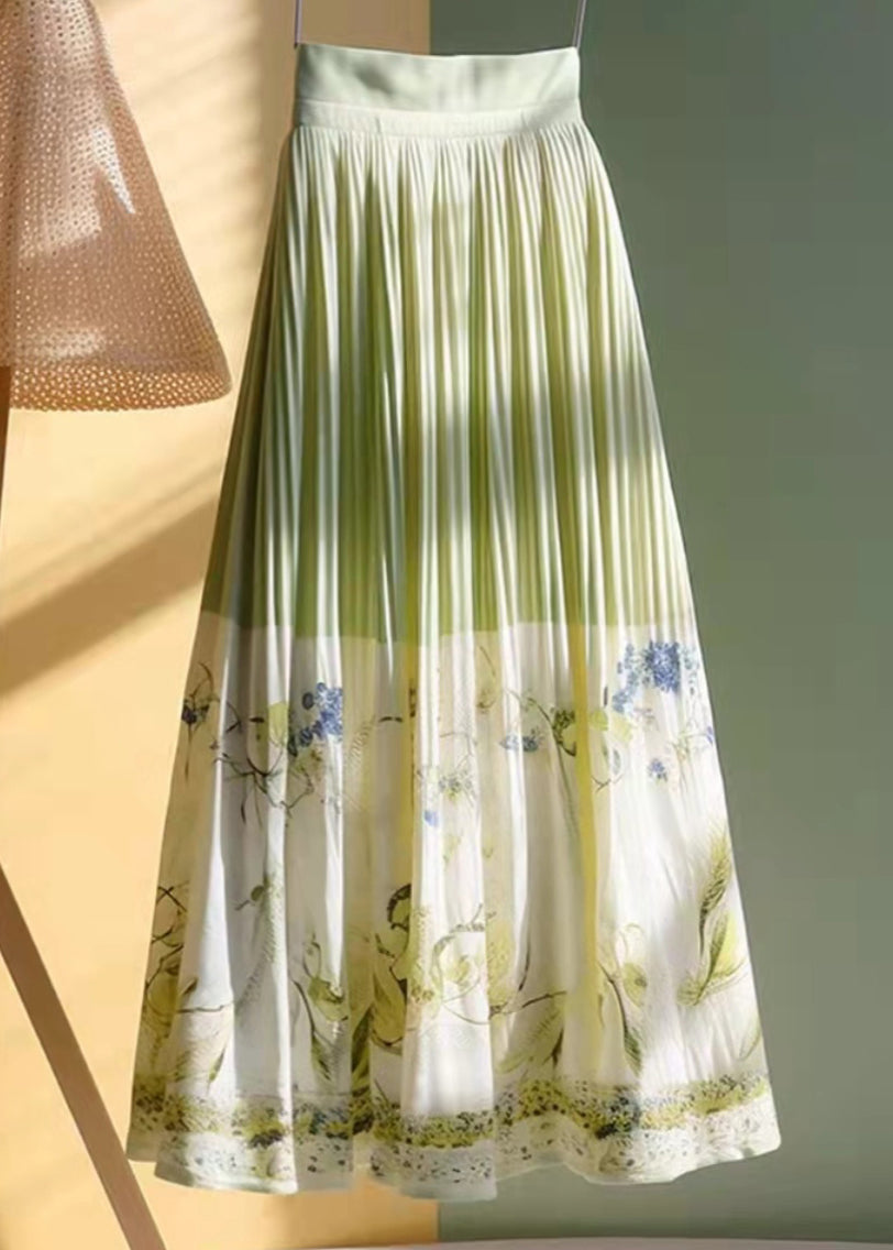 Jupe plissée haute en coton vert imprimé fleuri printemps - EasyApparels
