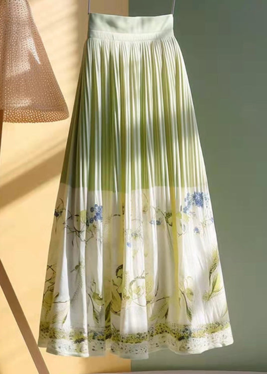 Jupe plissée haute en coton vert imprimé fleuri printemps - EasyApparels