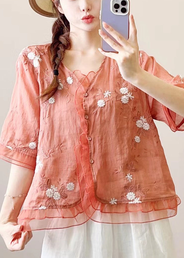Elegant Embroidered Orange Blouse with Short Sleeves - EasyApparels