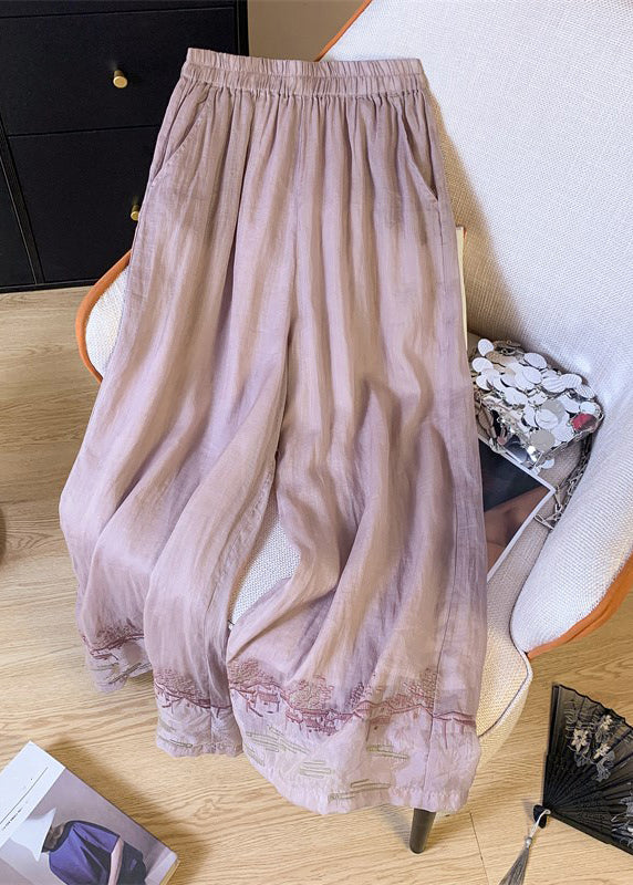 Pantalon confortable élastique avec broderie fleurie rose - EasyApparels