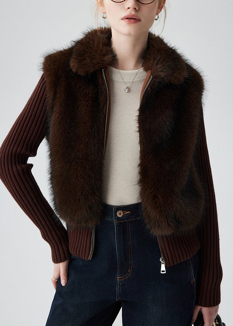 Manteaux d'hiver doux marron en faux cuir patchwork deux pièces - EasyApparels