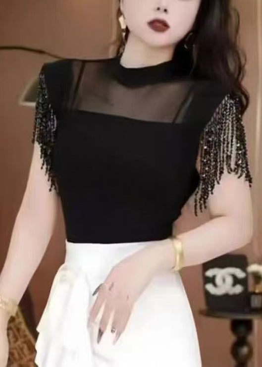 Chemises d'été chic noires à dentelle et broderie - EasyApparels