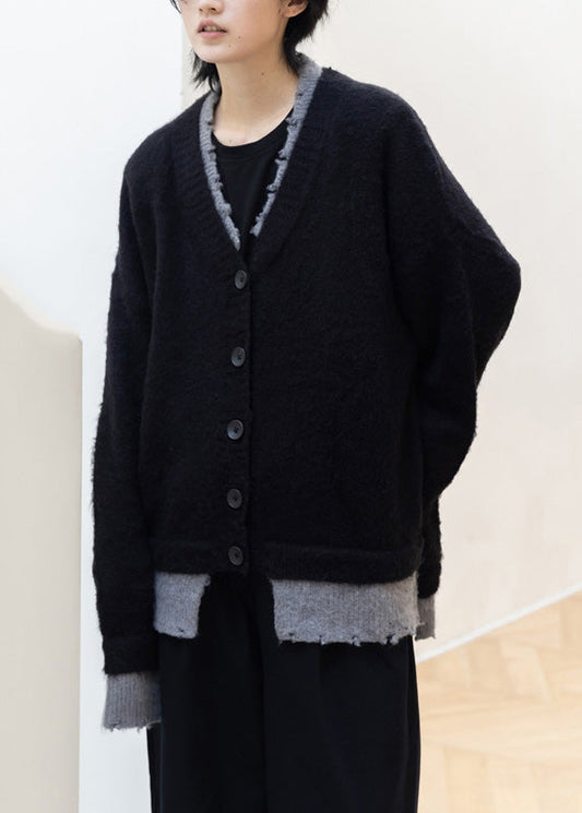 Pulls en coton doux noir décontracté à col en V hiver - EasyApparels