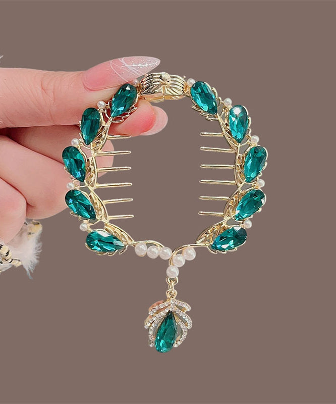 Épingle à cheveux chic verte avec perles et strass - EasyApparels