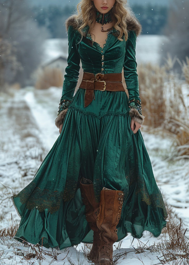 Robe douce en velours coloré vert printanier - EasyApparels