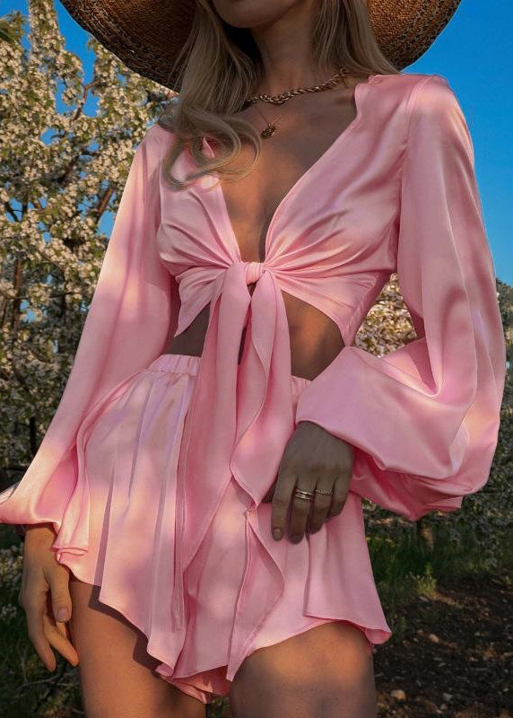 Joli deux pièces en soie rose pâle pour femme - EasyApparels