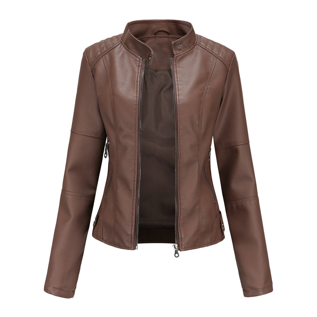 Blouson Cuir Femelle Noir Élégant avec Fermeture Éclair