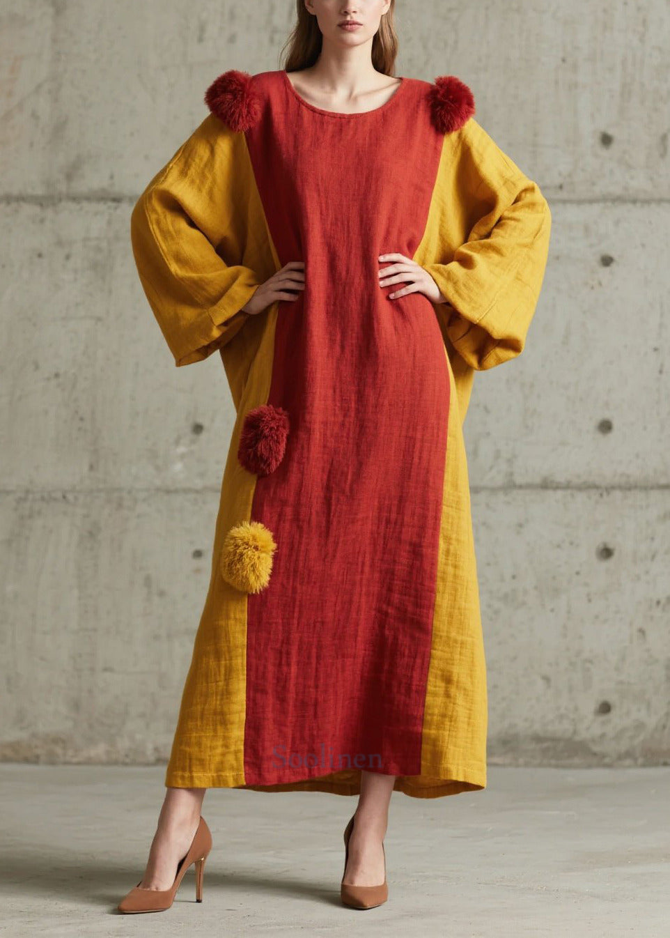 Robe en coton patchwork géante à manches lanternes douces - EasyApparels