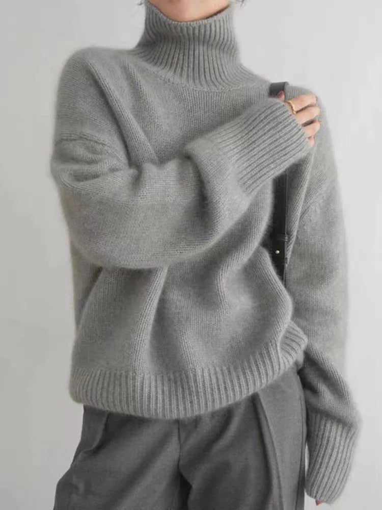 Pull Femme Col Roulé en Laine Beige Chaud