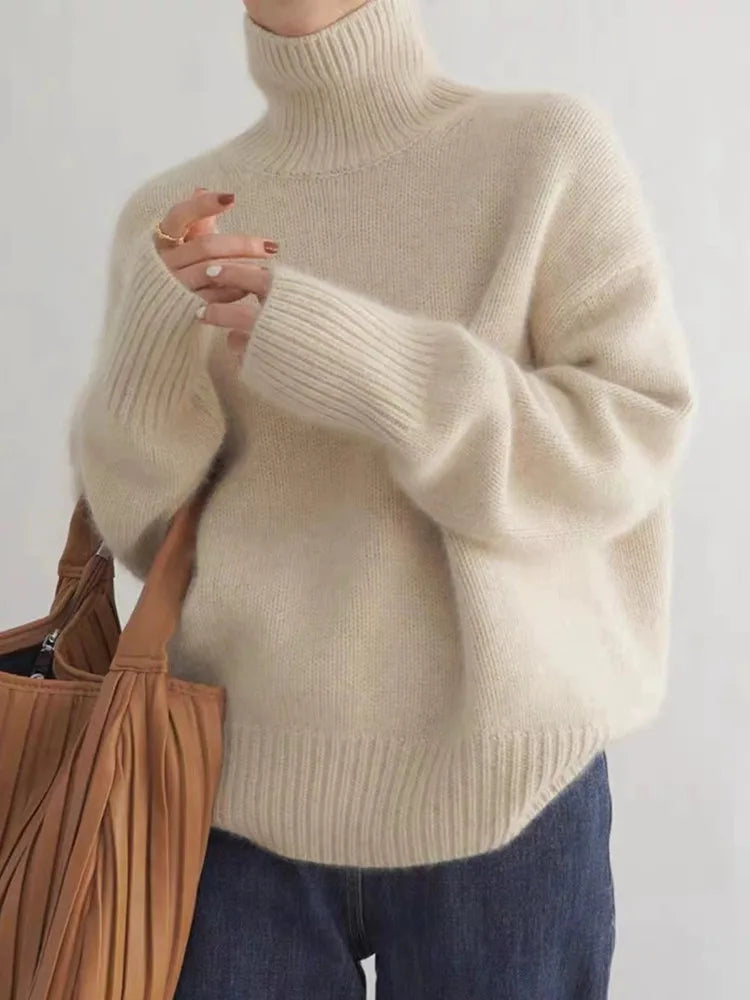 Pull Femme Col Roulé en Laine Beige Chaud - PanierRoyale