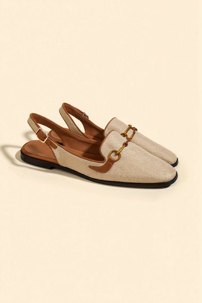 Mocassins Slingback en Cuir Beige avec Chaîne Élégante