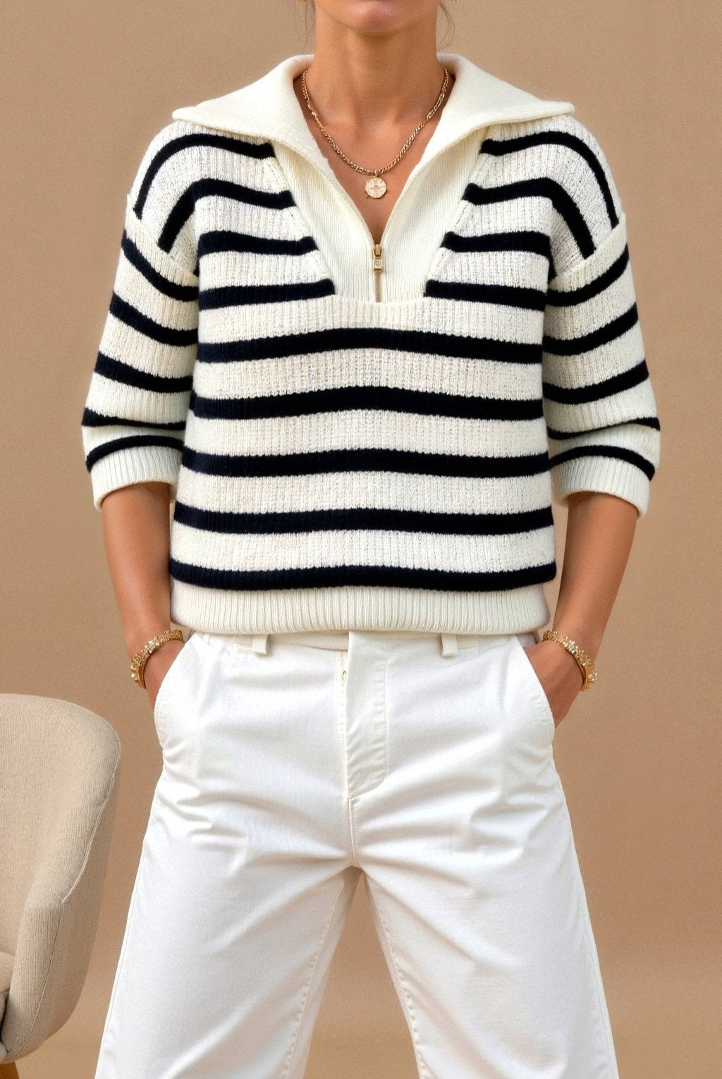 Pull femme rayé avec col zip