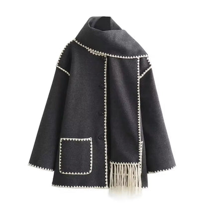 Manteau Femme Laine Tweed Col Rond Coupe Ample