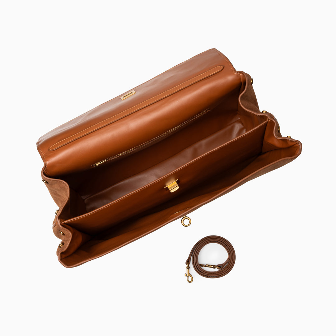 Sac à main femme élégant en cuir brun avec fermeture dorée