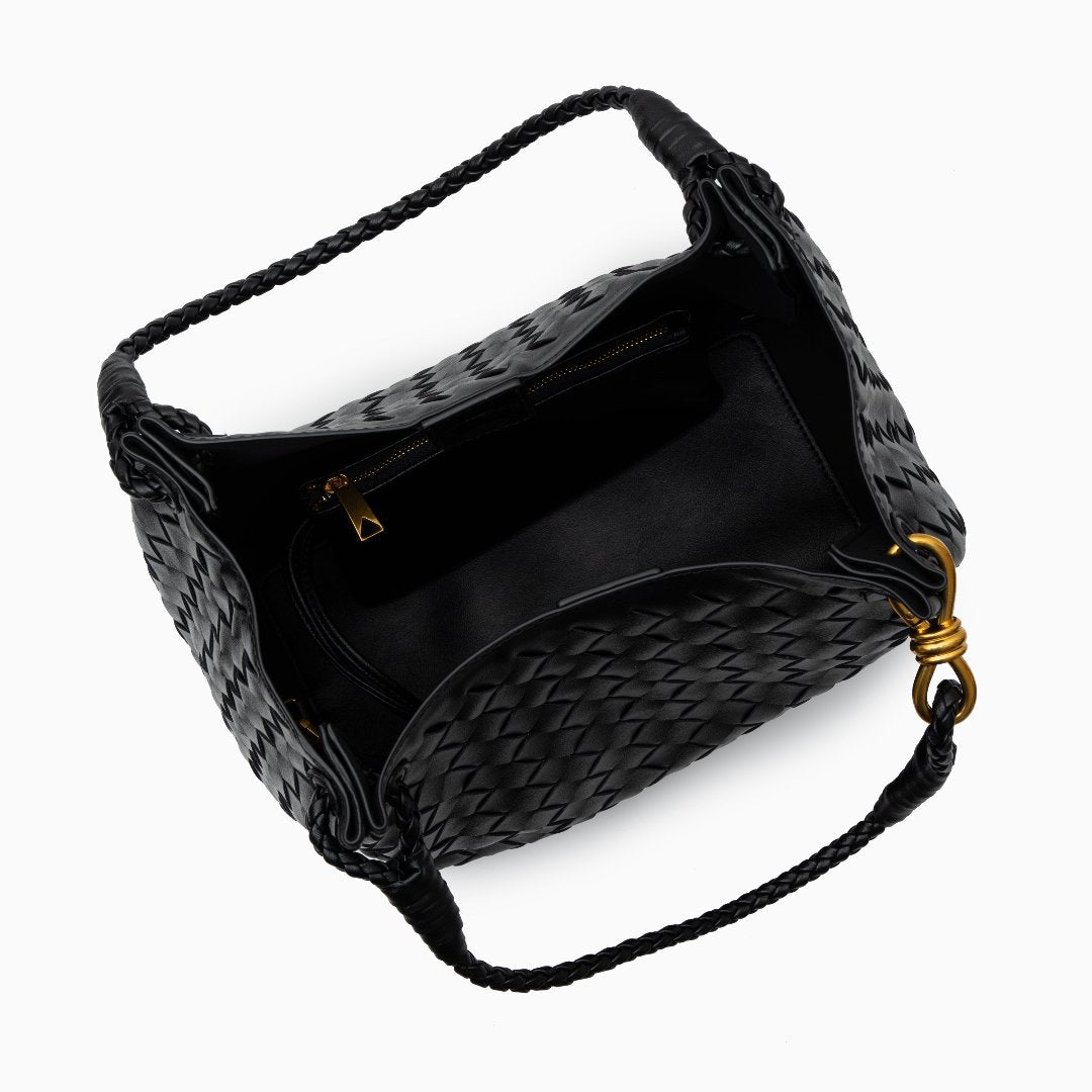 Sac à main femme noir végan avec bretelle et détails dorés