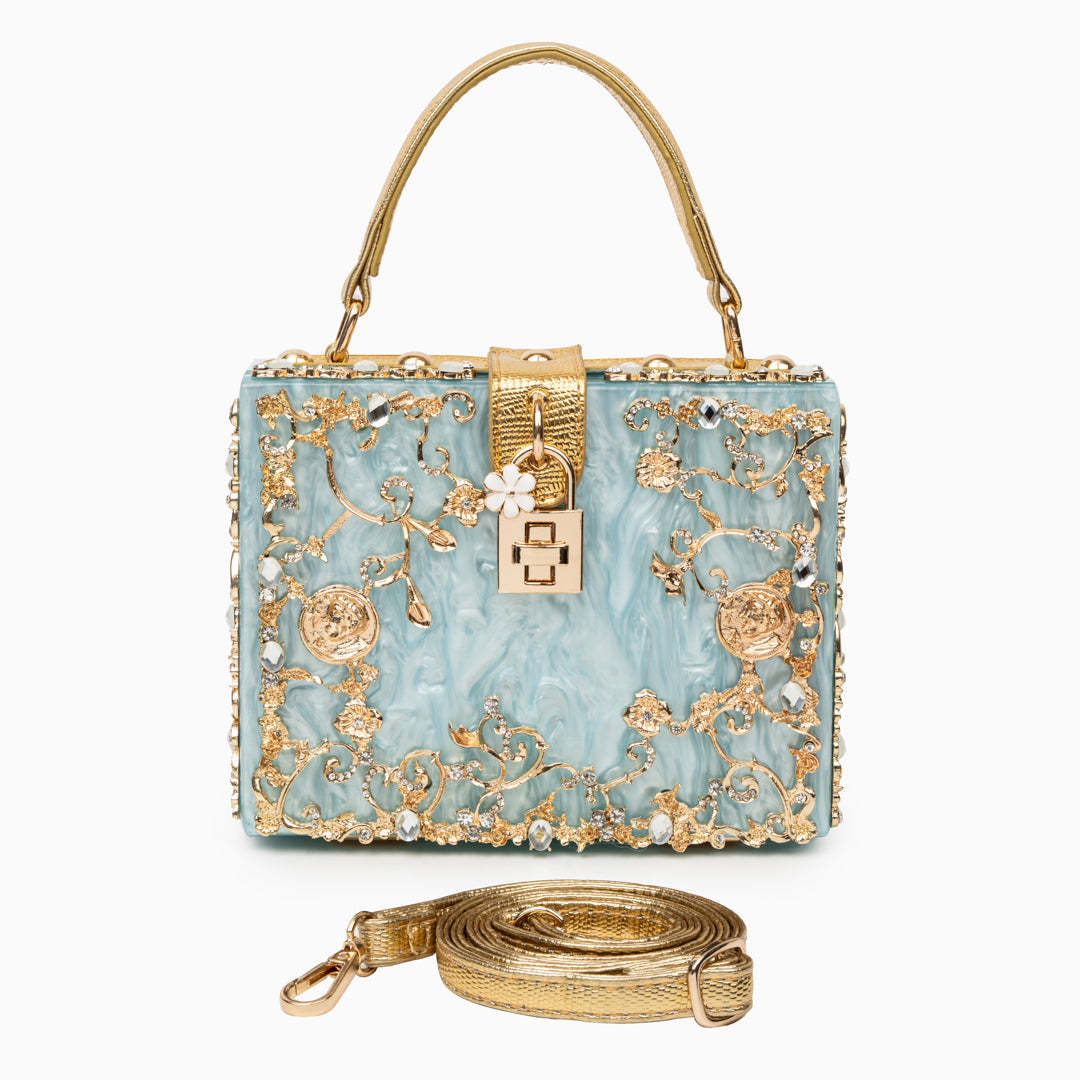 Sac de Soirée En Acrylique Bleu Ciel avec Décor Or Baroque