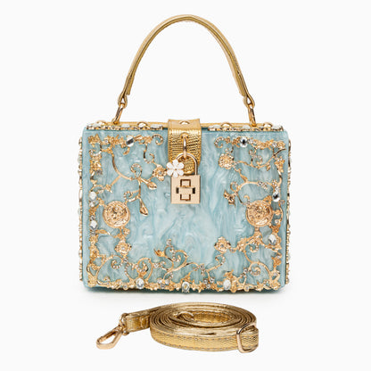 Sac de Soirée En Acrylique Bleu Ciel avec Décor Or Baroque