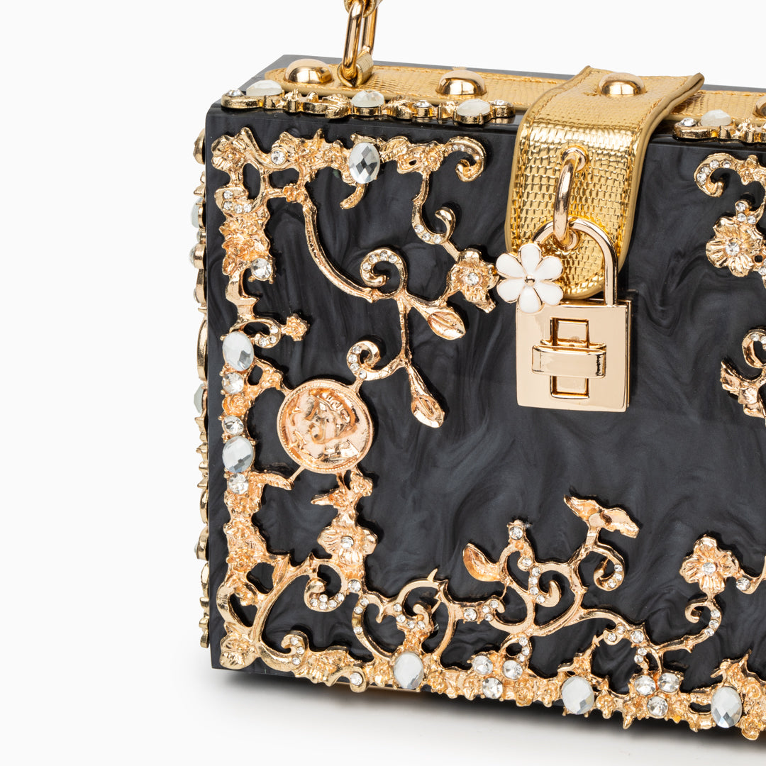 Sac de Soirée En Acrylique Bleu Ciel avec Décor Or Baroque