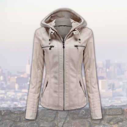 Veste Cuir Femme Élégante avec Capuche et Poches Latérales
