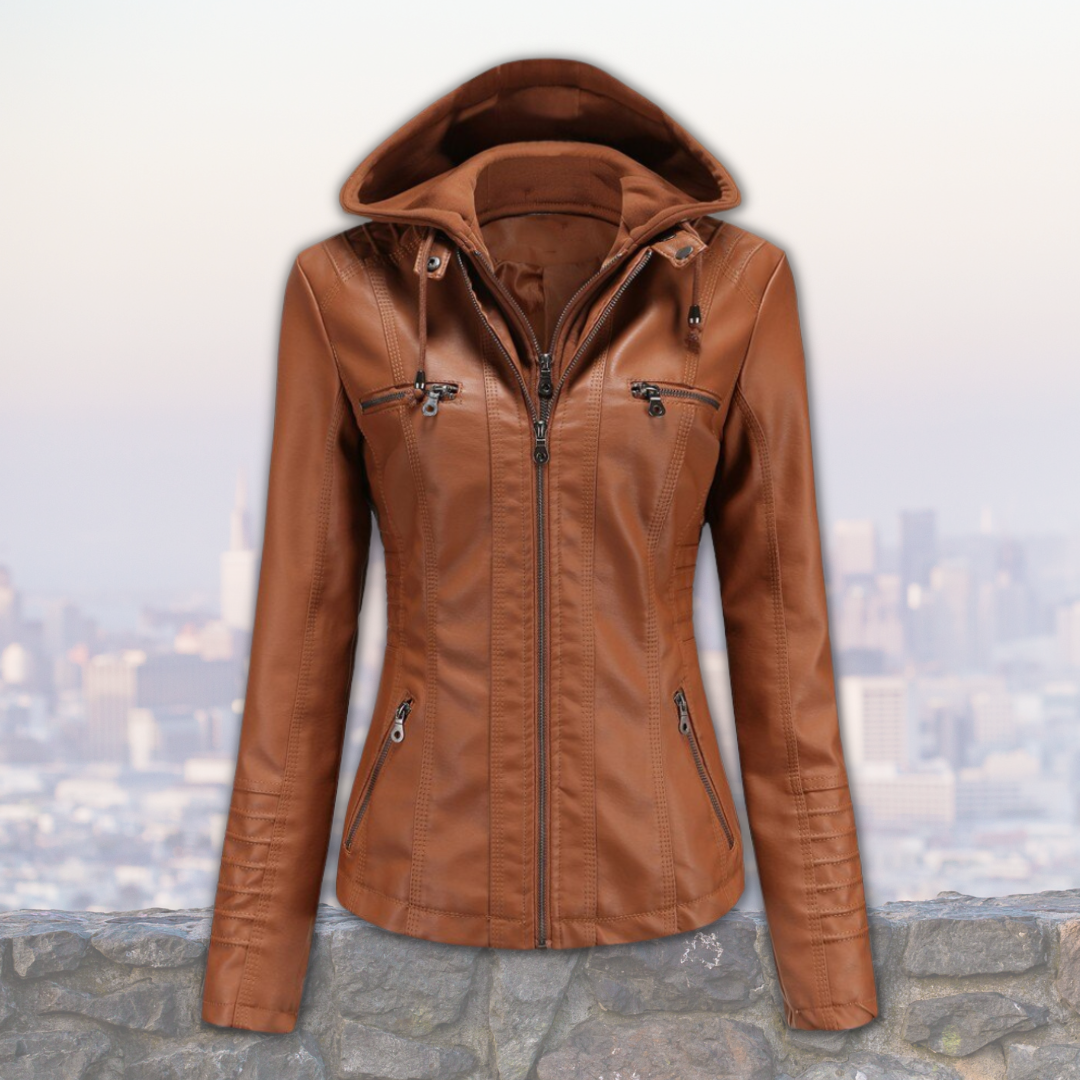 Veste Cuir Femme Élégante avec Capuche et Poches Latérales