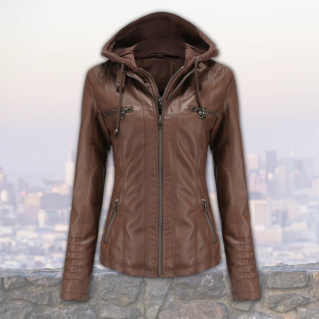 Veste Cuir Femme Élégante avec Capuche et Poches Latérales