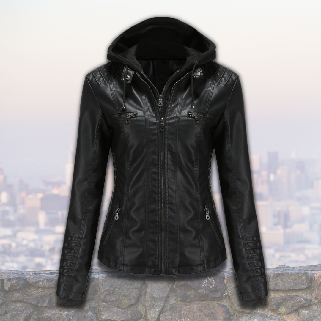 Veste Cuir Femme Élégante avec Capuche et Poches Latérales