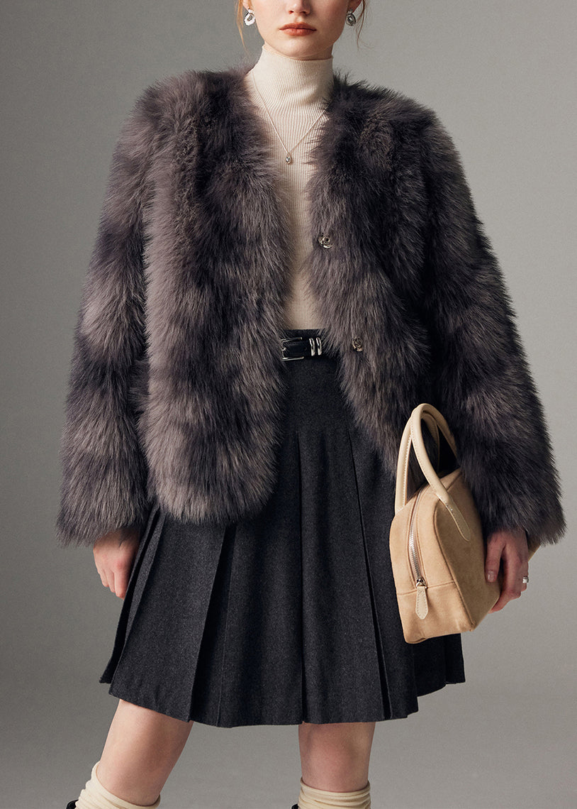Gros manteau hivernal gris fausse fourrure renard personnalisable - EasyApparels