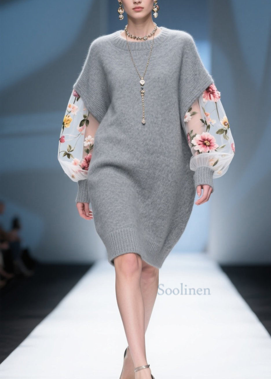 Robe florale en dentelle grise pour femme automne - EasyApparels