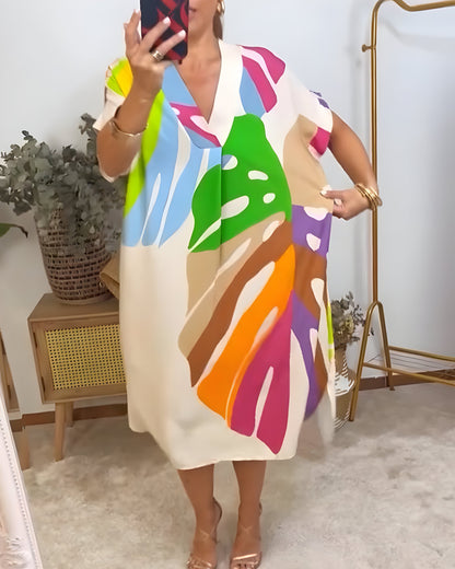Robe Femme Imprimé Feuillage Coupe Ample Col V