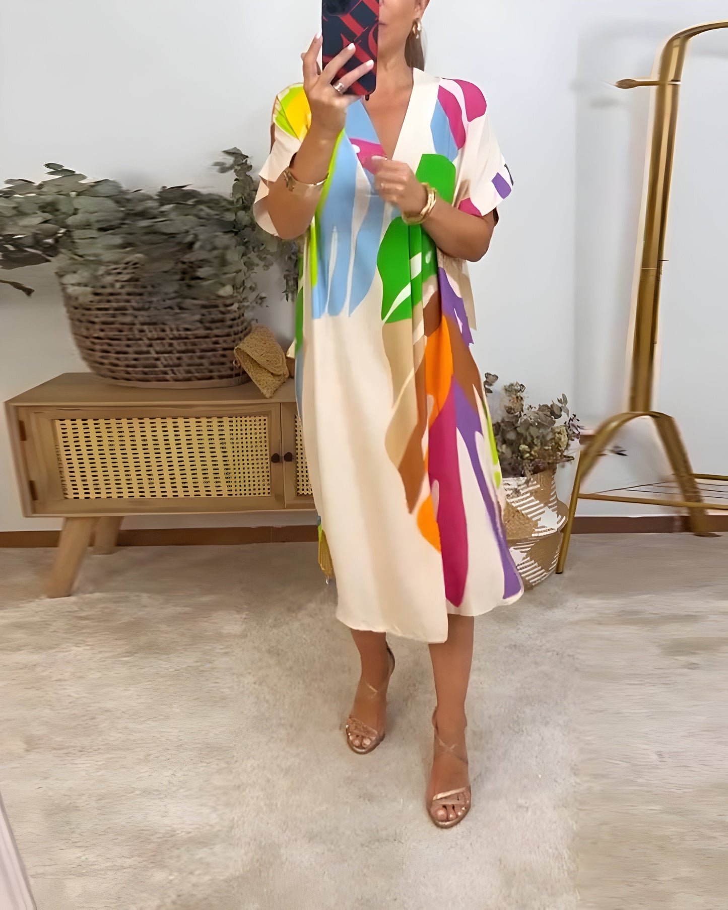 Robe Femme Imprimé Feuillage Coupe Ample Col V