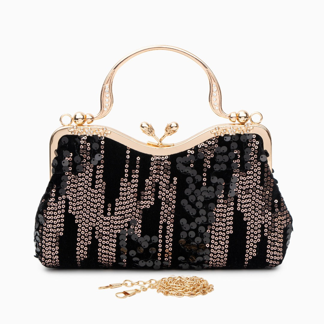 Sac Clutch Soirée Noir Bleu Marine avec Paillettes Dorées et Poignée Décorée