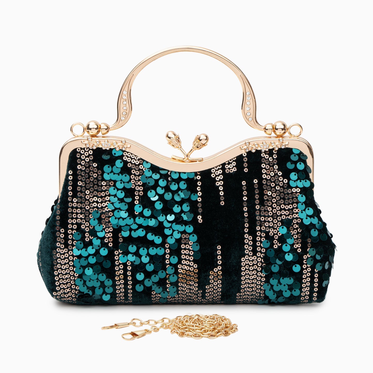 Sac Clutch Soirée Noir Bleu Marine avec Paillettes Dorées et Poignée Décorée
