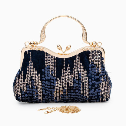 Sac Clutch Soirée Noir Bleu Marine avec Paillettes Dorées et Poignée Décorée