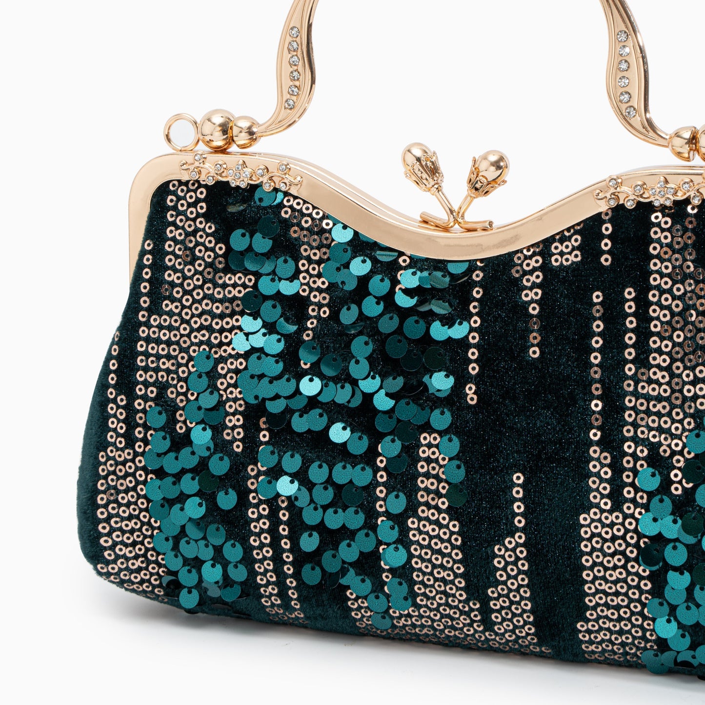 Sac Clutch Soirée Noir Bleu Marine avec Paillettes Dorées et Poignée Décorée